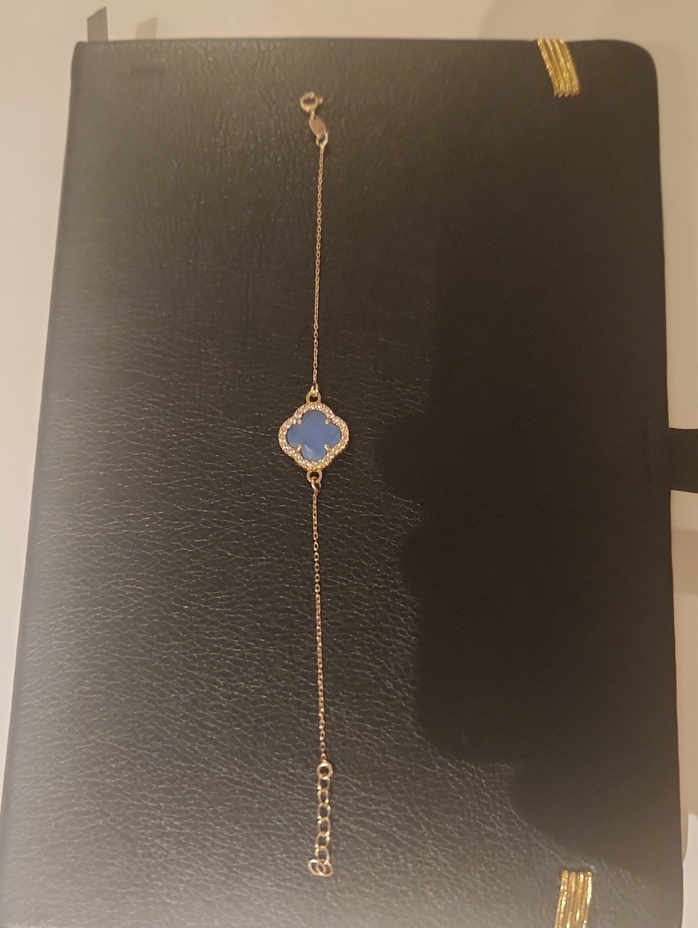 Gold Tone Chain Bracelet with Blue Clover Charm